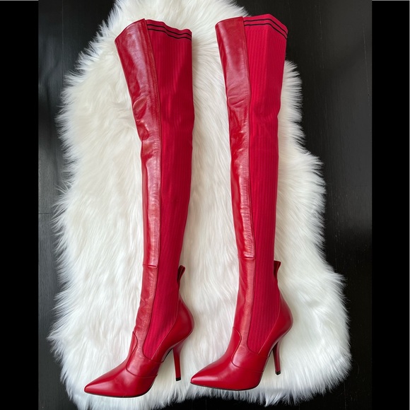 FENDI Women's Red Leather Thigh High Boots Size 38 1/2 - Picture 5 of 14